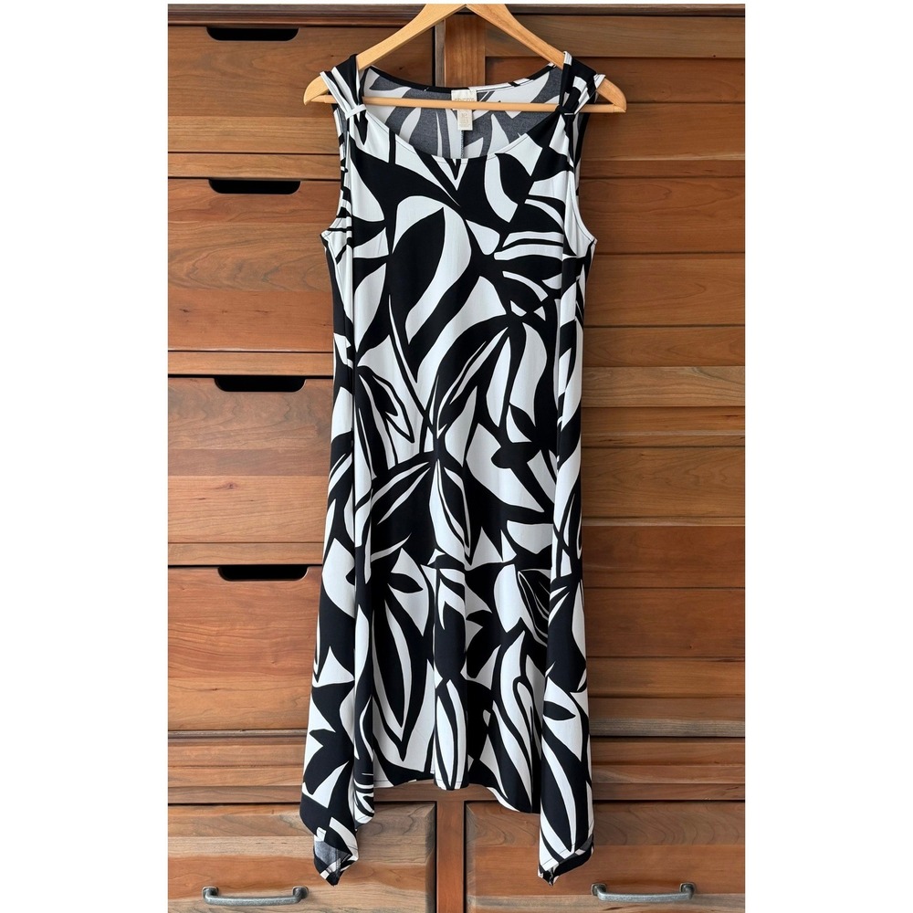 Chico's Size 1 PETITE (8P) Shoulder Detail Midi Dress Black White Graphic
